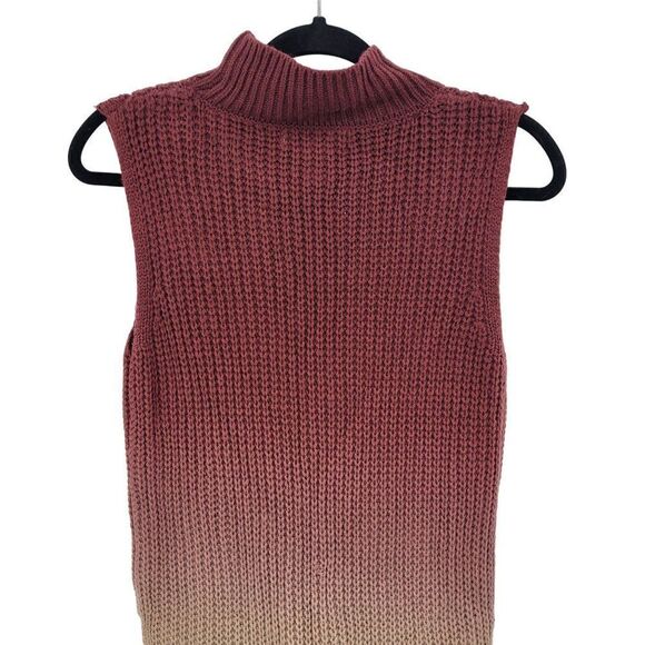 Vintage Sleeveless High Low Turtleneck Sweater Dress S Ombre Maroon Cream Knit - Picture 6 of 8